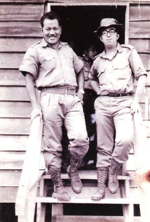 ooi eow jin with p. ramlee in pulau sebatik army camp. rtm orchestra tour of armed forces bases after konfrontasi in 1965